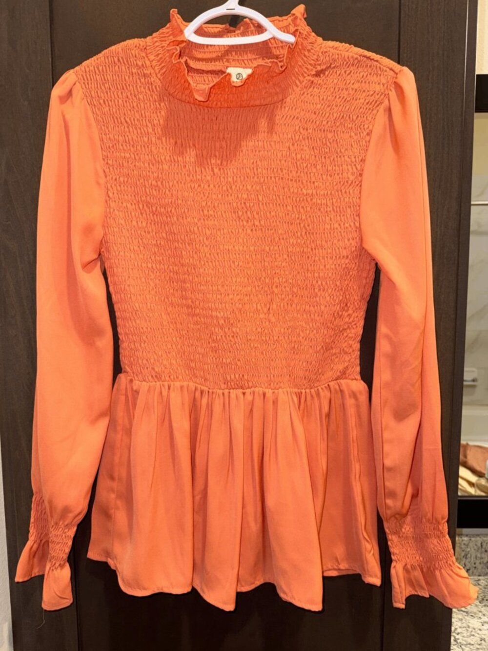 Versona Orange Long Sleeve Smocked Peplum Top Size S